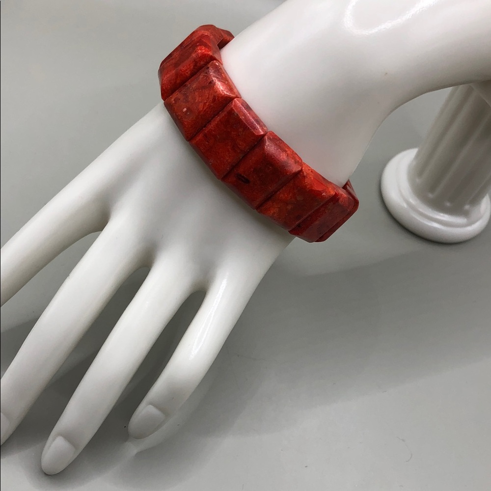 Vintage red coral square stretch bracelet size 7 ish pop of color boho beach.
